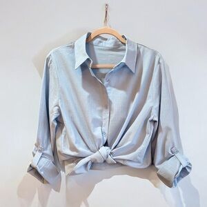 🗽Women's Light Blue Versatile Button Down Shirt W/ Roll Up Straps Option Style